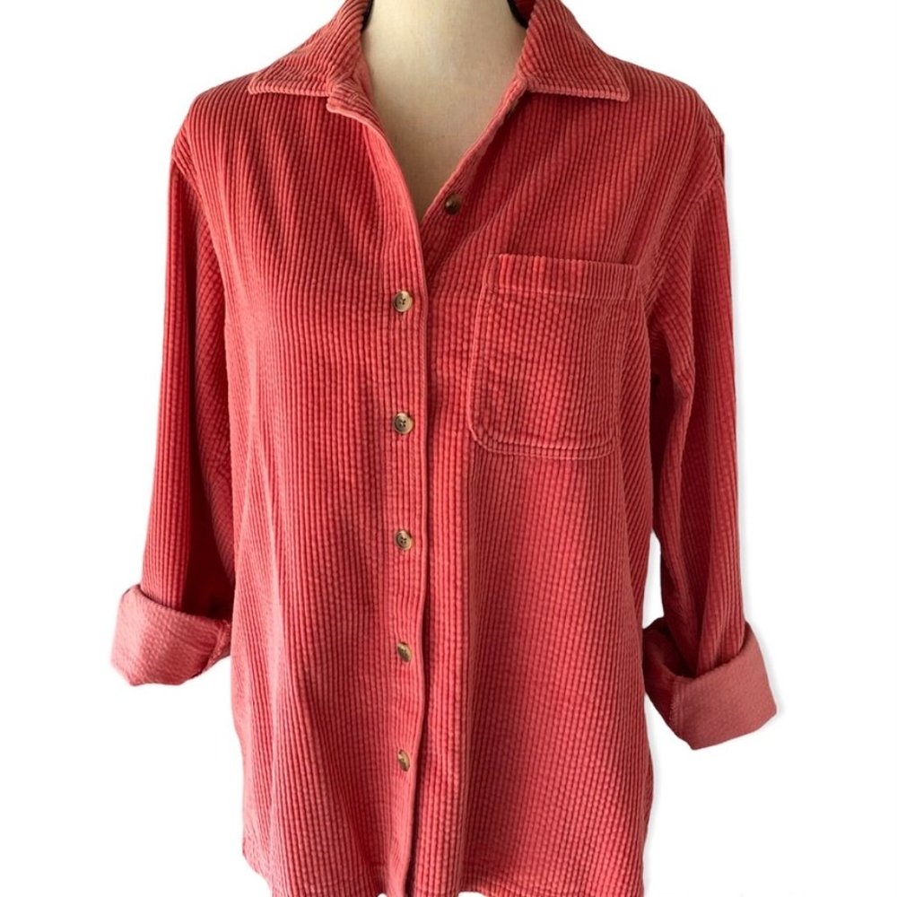 Corduroy Button-Front Shirt - Coral Pink